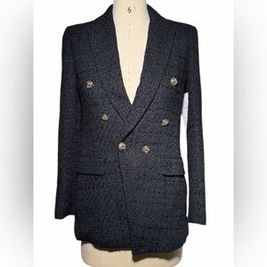 Women's Black Double-Breasted Blazer - Zara - black tweed